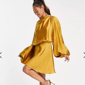 NYE | ASOS DESIGN blouson sleeve satin mini dress with open back in gold